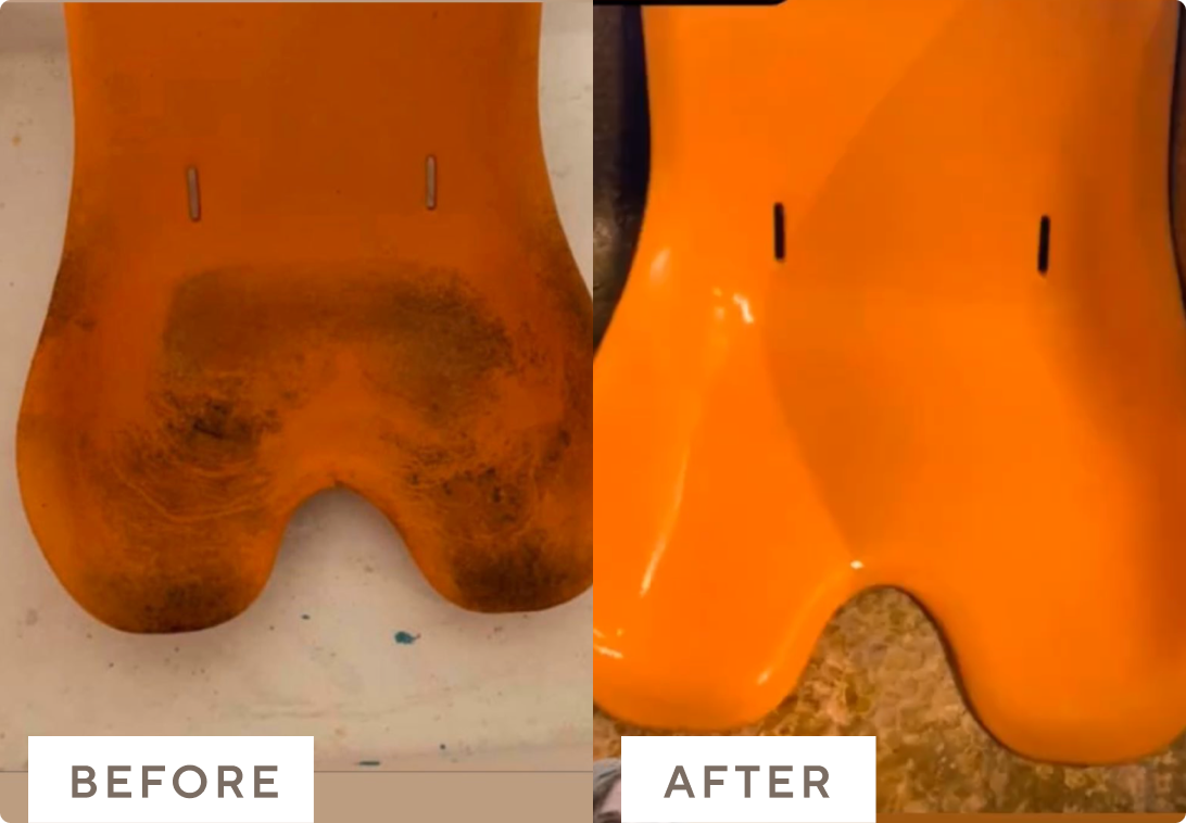 Before and after images of high chair cleaned with Branch Basics. 