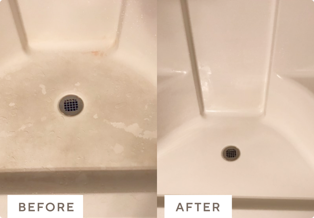 Before and after images of shower floor cleaned with Branch Basics.