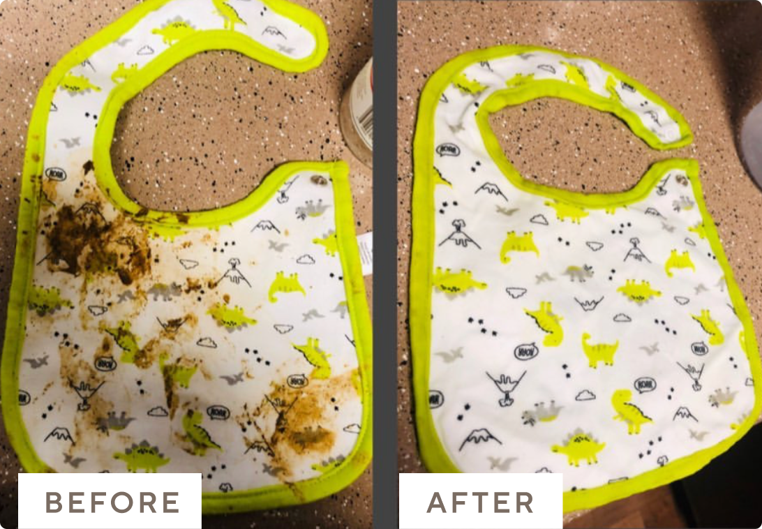 Before and after images of baby bib cleaned with Branch Basics.