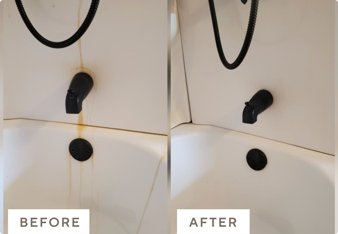 Before and after images of water stained bath faucet cleaned with Branch Basics.